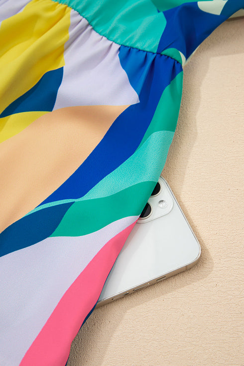 Abstract Print Cap Sleeve Pocketed A Line Mini Dress