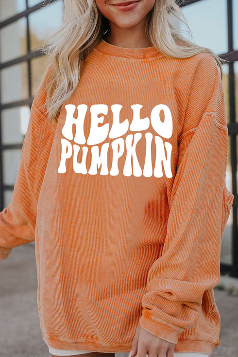 Hello Pumpkin Graphic Corded Texture Oversized Pullover Sweatshirt