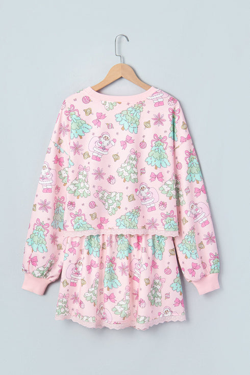 Floral Print Lace Trim Long Sleeve Skirt Dress Set