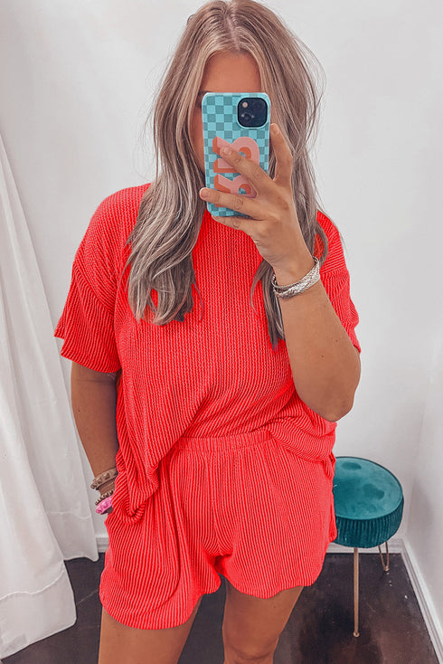 Corded Ribbed Knit Loose Fit Tee And Short Set