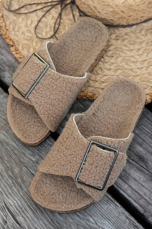 Sherpa Suede Metal Buckle Crossed Band Slipper