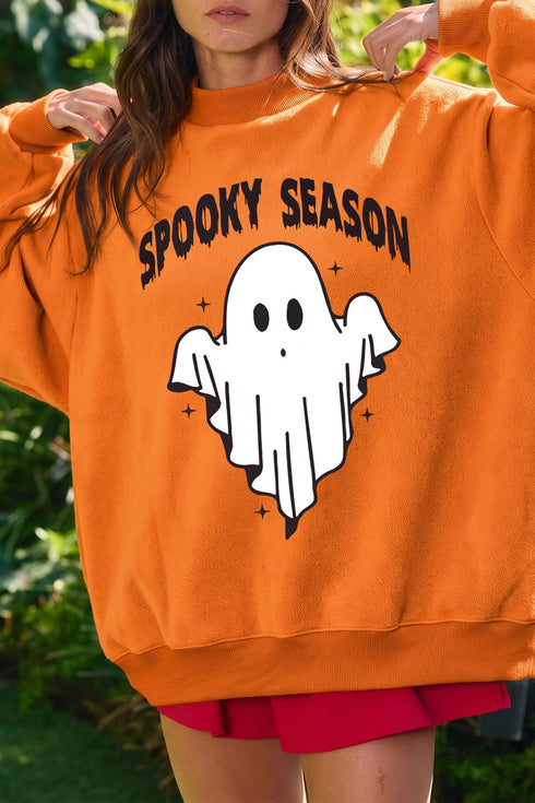 Spooky Themed Graphic Raised Mock Neck Sweatshirt