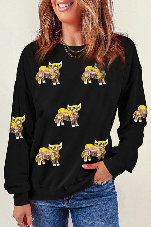 Sequined Western Print Long Sleeve Pullover Sweatshirt