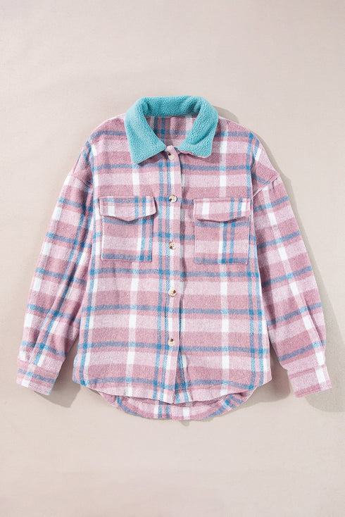 Color Block Collared Flap Pocket Relaxed Plaid Shacket
