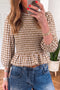 Plaid Shirred Smocked Peplum Three Quarter Sleeve Blouse