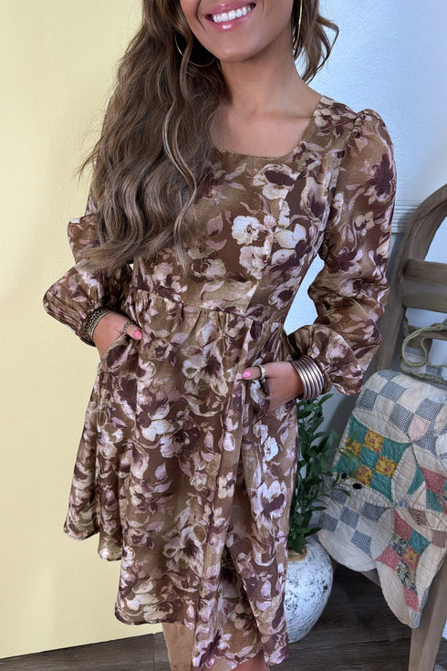Abstract Floral Print Square Neck Long Sleeve Shift Mini Dress