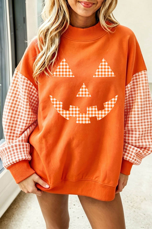 Pumpkin Face Graphic Plaid Pattern Sleeve Sweatshirt