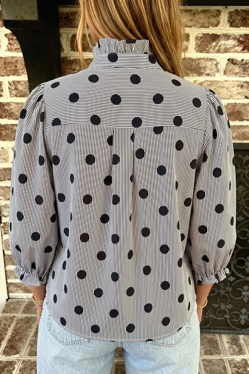 Polka Dot Striped Print Ruffle Stand Neck Three Quarter Sleeve Shift Blouse
