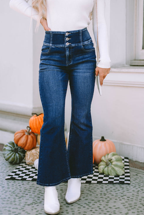 Button Detail Elastic Wide Waistband Flare Denim Jeans