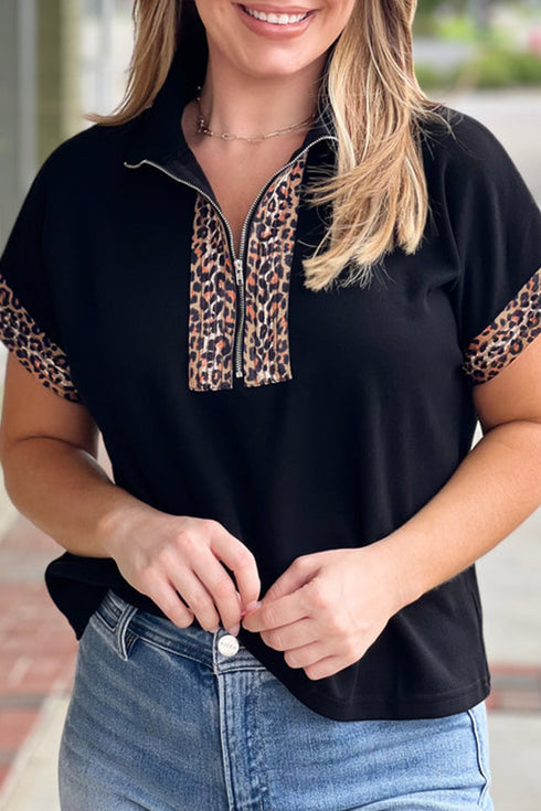 Leopard Print Patchwork Western Half Zip Short Sleeve Top
