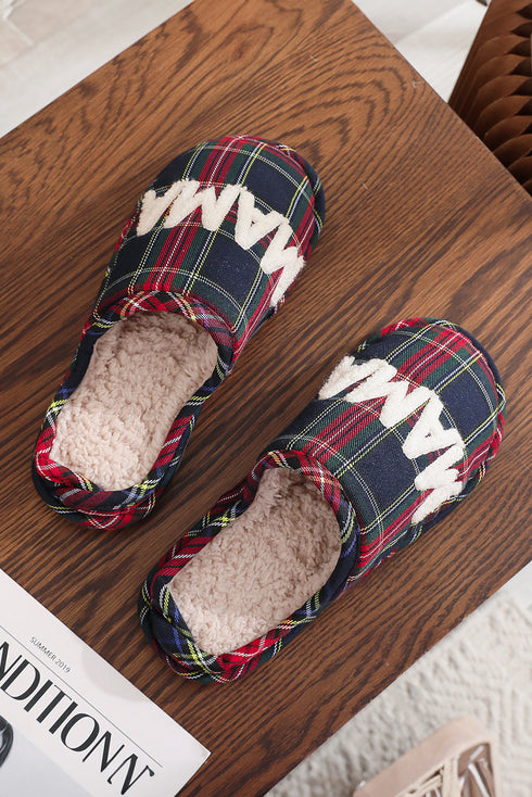Retro Plaid Mama Lettering Plush Lined House Slipper