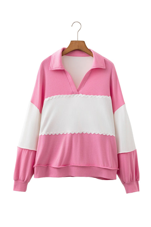 Ricrac Trim Patchwork Collar V Neck Long Sleeve Top