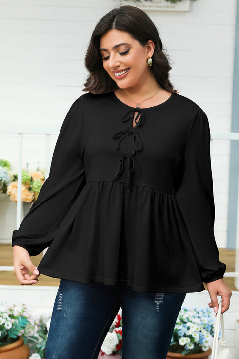 Bow Tie Front Long Sleeve Flared Peplum Blouse