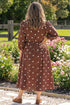 Polka Dot V Neck Front Pocket Gathered Cuffs Long Sleeve Shift Midi Dress