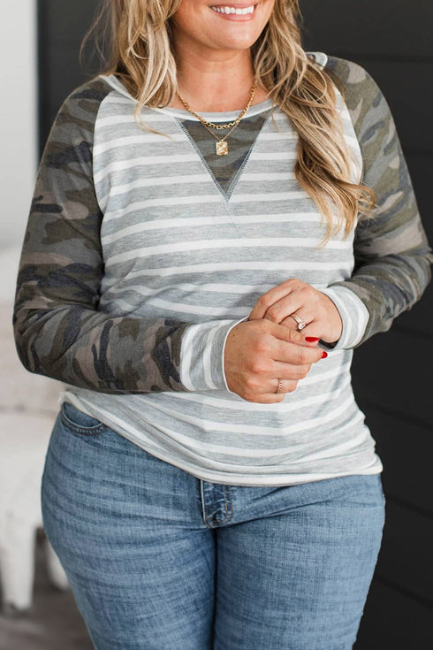 Striped Camo Sleeve Round Neck Long Top