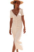 Short Sleeve Ribbed Button Front Ruched Maxi Dress
