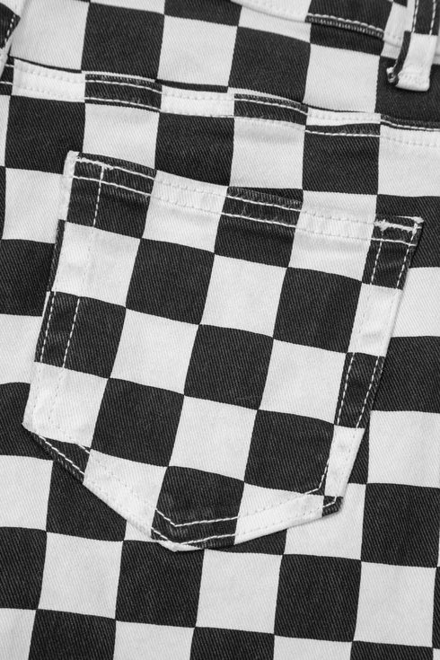 Checkerboard Print Distressed Raw Edge Cropped Denim Jeans