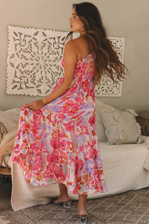 Abstract Floral Shirred One Shoulder Maxi Dress