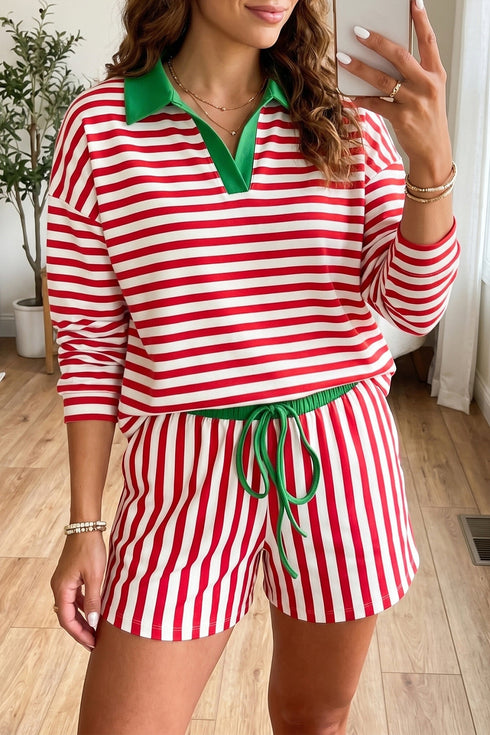 Striped Trim Polo Collar Drawstring Elastic Waist Band Two Piece Outfit Short Set