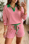 Striped Trim Polo Collar Drawstring Elastic Waist Band Two Piece Outfit Short Set