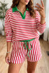 Striped Trim Polo Collar Drawstring Elastic Waist Band Two Piece Outfit Short Set