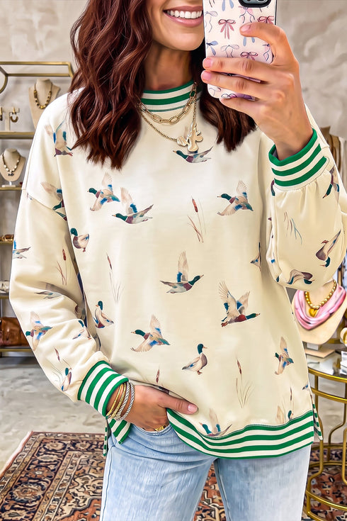 Duck Print Striped Trim Cuffs Round Neck Sweatshirt