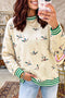 Duck Print Striped Trim Cuffs Round Neck Sweatshirt