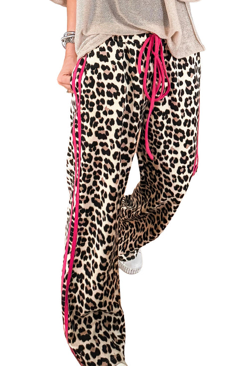 Contrast Trim Tie Waist Leopard Print Pants