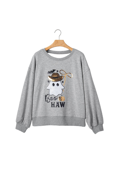Sequin Western Ghost Print Long Sleeve Round Neck Sweatshirt