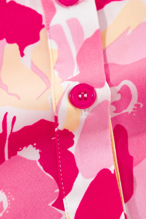 Abstract Floral Balloon Sleeve Button Down Shirt