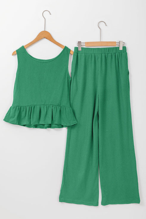 Textured Ribbed Ruffle Tank Top Wide Leg Pant Set
