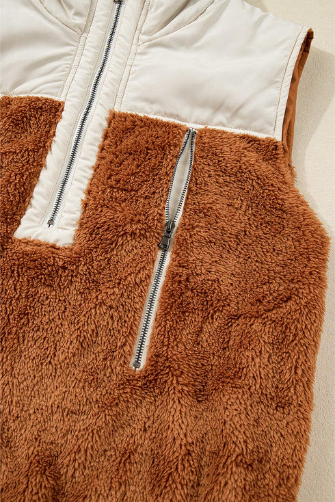 Western Patchwork Sherpa Fleece Zip Up Stand Neck Vest