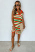 Striped Crochet Knit Collared Sleeveless Shift Dress