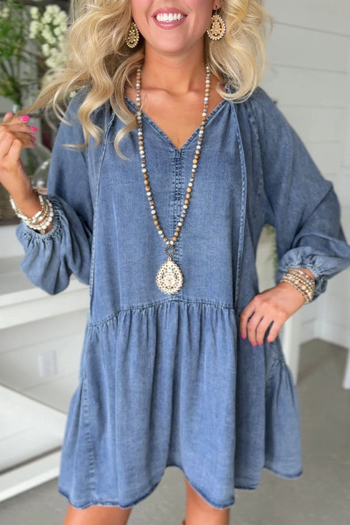 Western Puff Sleeve V Neck Ruffled Denim Mini Dress