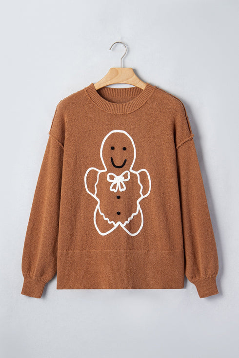Embroidery Oversized Drop Shoulder Round Neck Sweater