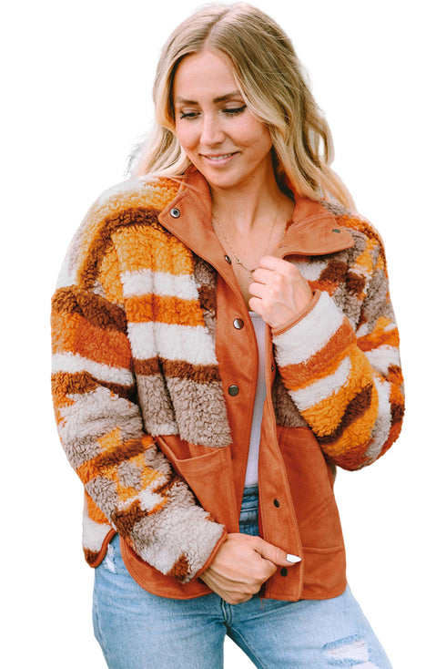 Furry Aztec Pattern Quilted Patch Pocket Fleece Jacket