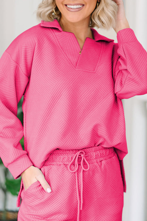 Solid Textured Collared V Neck Wide Leg Pant Sets