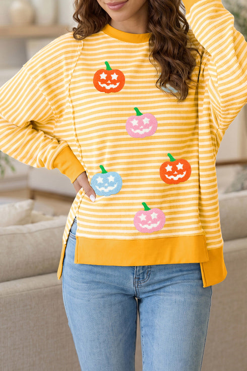 Pumpkin Face Stripe Waffle Knit Slit Pullover Sweatshirt