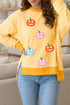 Pumpkin Face Stripe Waffle Knit Slit Pullover Sweatshirt