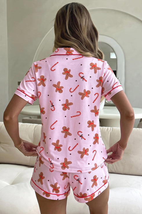 Short Sleeve Placket Shell Button Elastic Waist Lounge Set