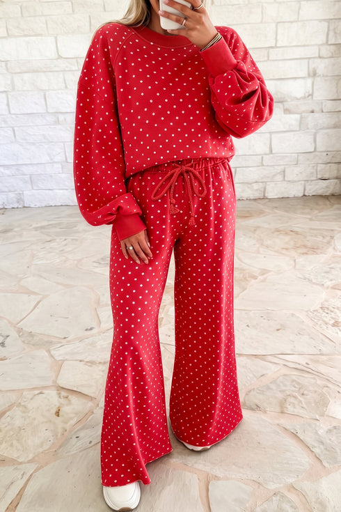 Polka Dot Drawstring Wide Leg Long Sleeve Pant Set