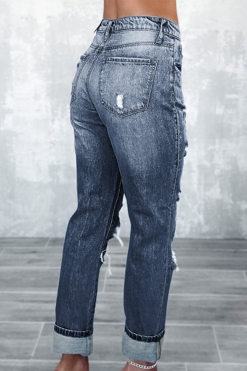 Distressed Frayed Slim Fit High Waist Denim Jeans
