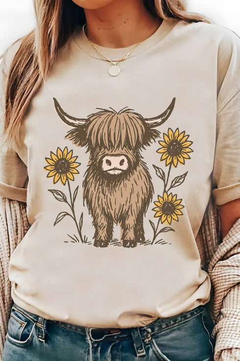Polyester Western Print Highland Cow Graphic Tee