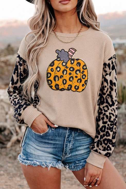 Pumpkin Graphic Leopard Long Sleeve Western Pullover Tee