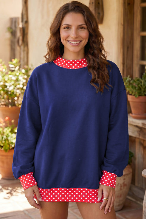 Mock Neck Plaid Pattern Trim Oversized Sweatshirt