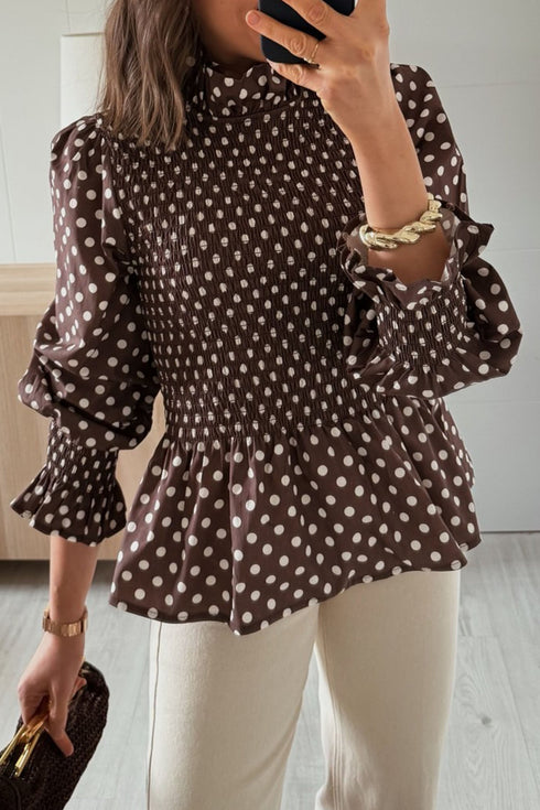 Polka Dot Ruffled High Neck Shirred Hem Blouse