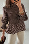 Polka Dot Ruffled High Neck Shirred Hem Blouse