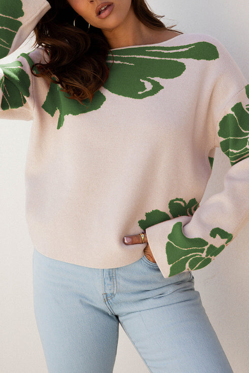 Abstract Botanical Print Boat Neck Knit Pullover Sweater