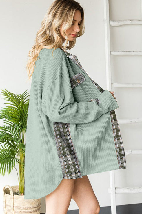 Waffle Knit Patchwork Thermal Textured Plaid Shacket