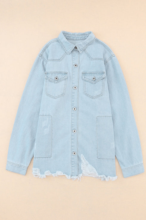 Casual Distressed Raw Hem Flap Pocket Denim Jacket